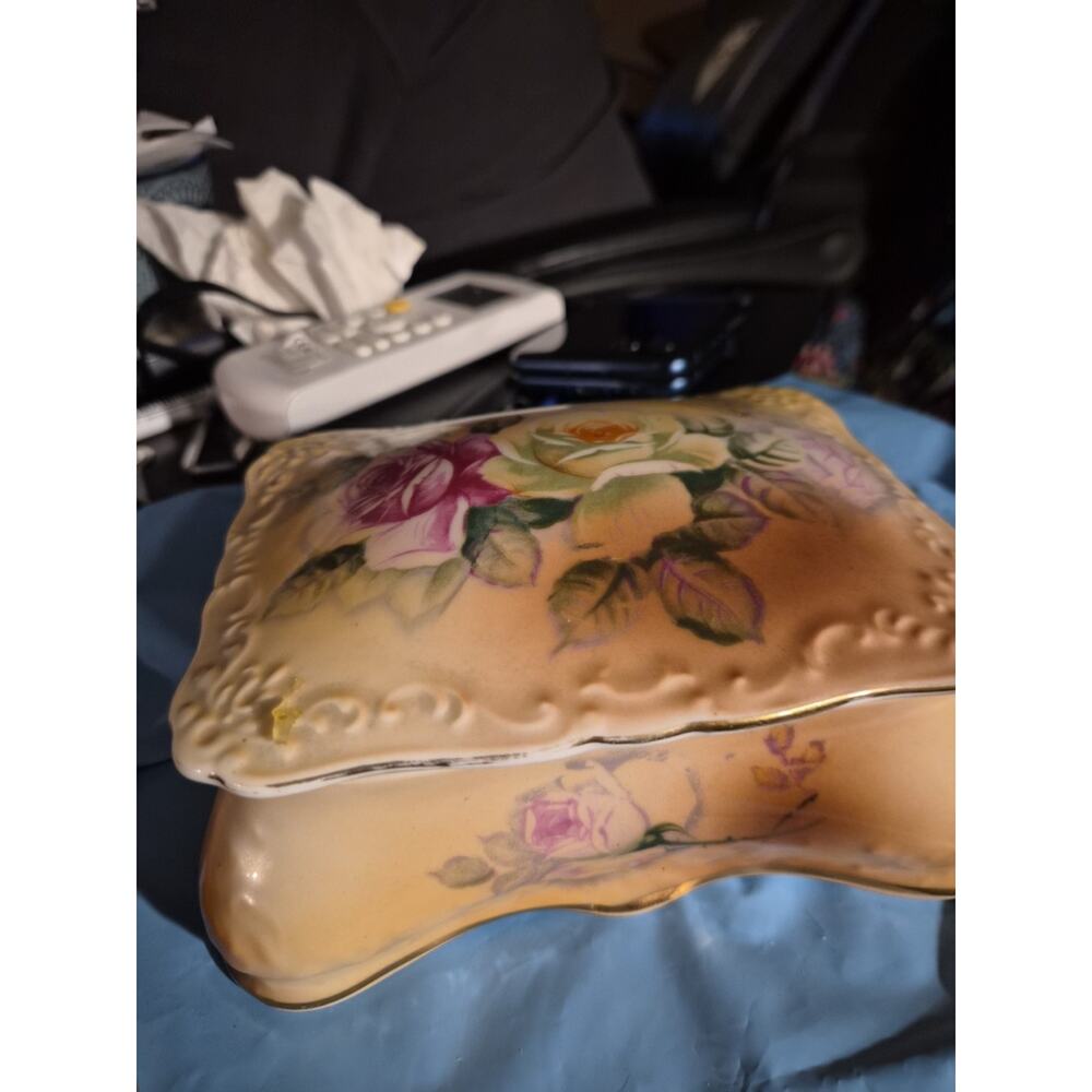Vintage Nippon Porcelain Trinket Box Handpainted Floral Designs And Gold Trim